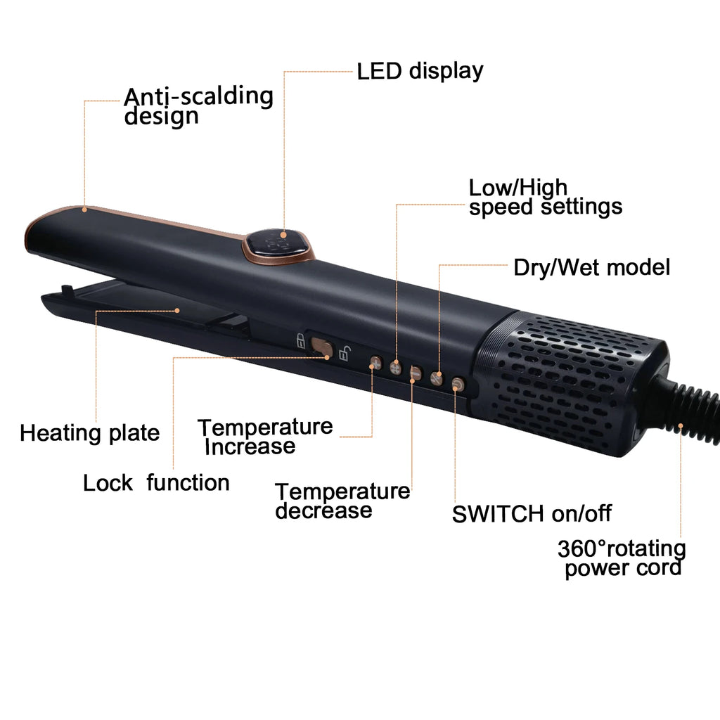 Black 2-in-1 hair dryer and straightener with LCD display, temp controls, and 360° rotating cord. Anti-scalding design.