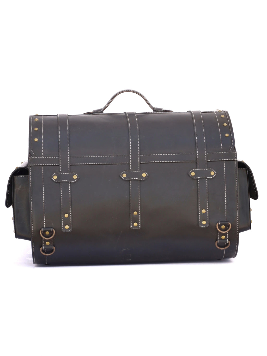RABADA vintage black leather trunk luggage with brass rivets, buckle straps, and side pockets for travel or fitness.