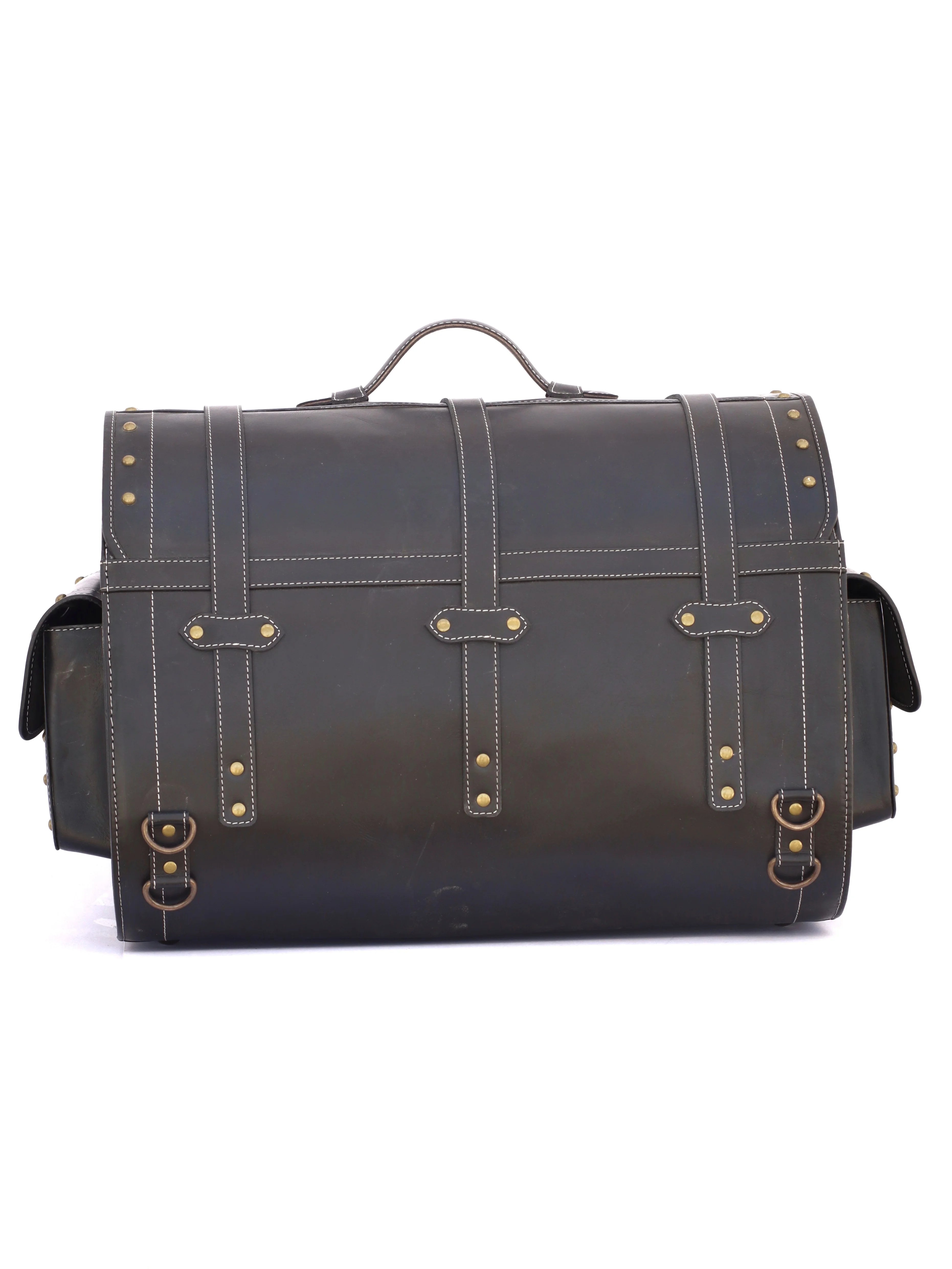 RABADA vintage black leather trunk luggage with brass rivets, buckle straps, and side pockets for travel or fitness.