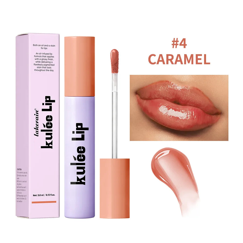 Kulfée Caramel staining lip oil, a moisturizing, long-lasting glossy lip stain with a non-sticky, hydrating finish.
