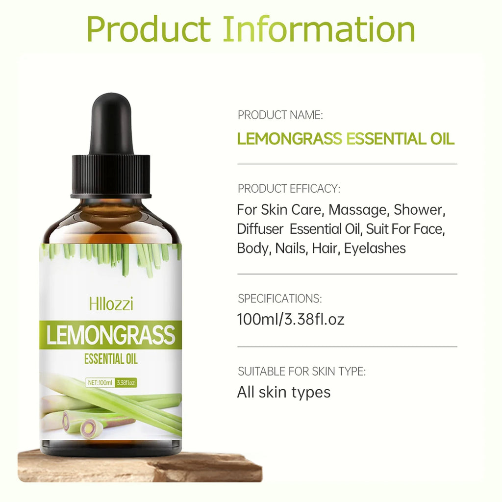 Lemongrass essential oil can be used in skincare, bath products, and diffusers and is suitable for all skin types.