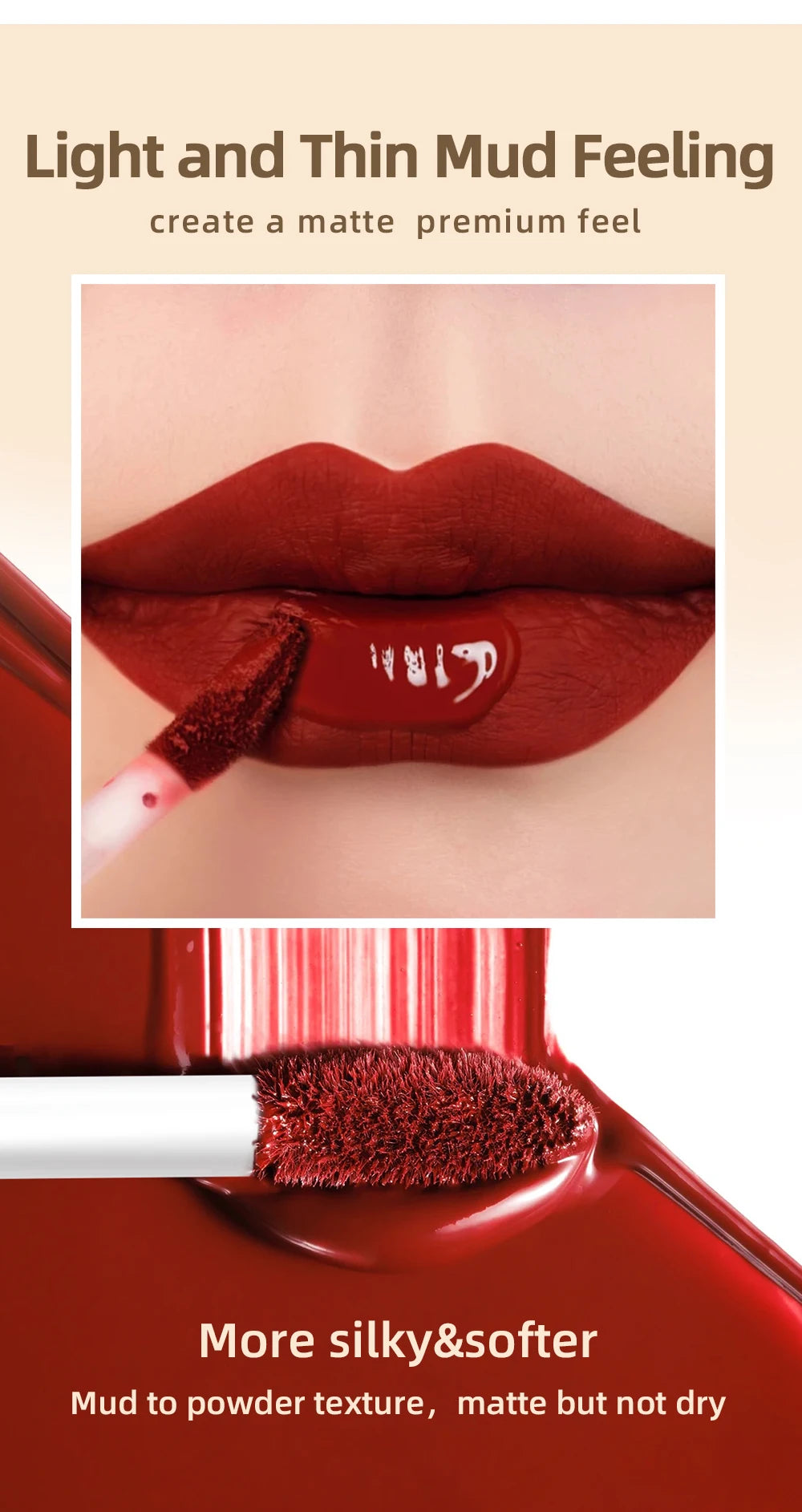 Matte red liquid lipstick with silky, powder-like texture being applied with an applicator for a long-lasting finish.
