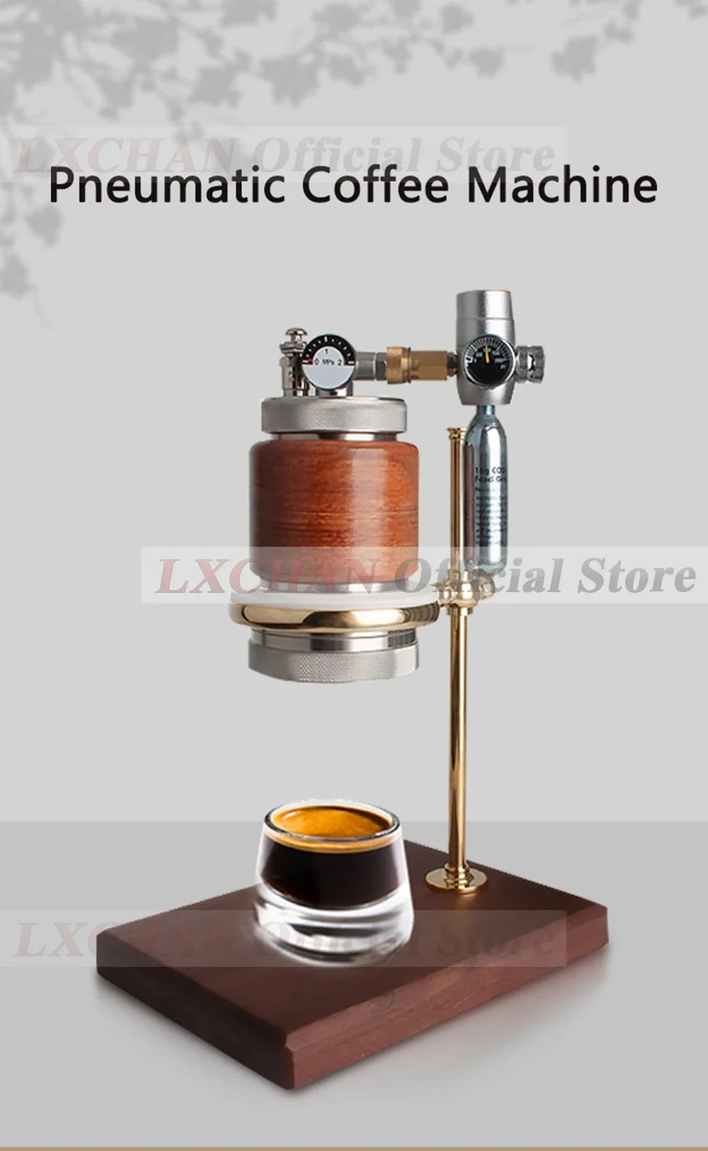 LXCHAN pneumatic coffee machine with wood accents, metal frame, pressure gauge, and CO2 cartridge on a wood base.