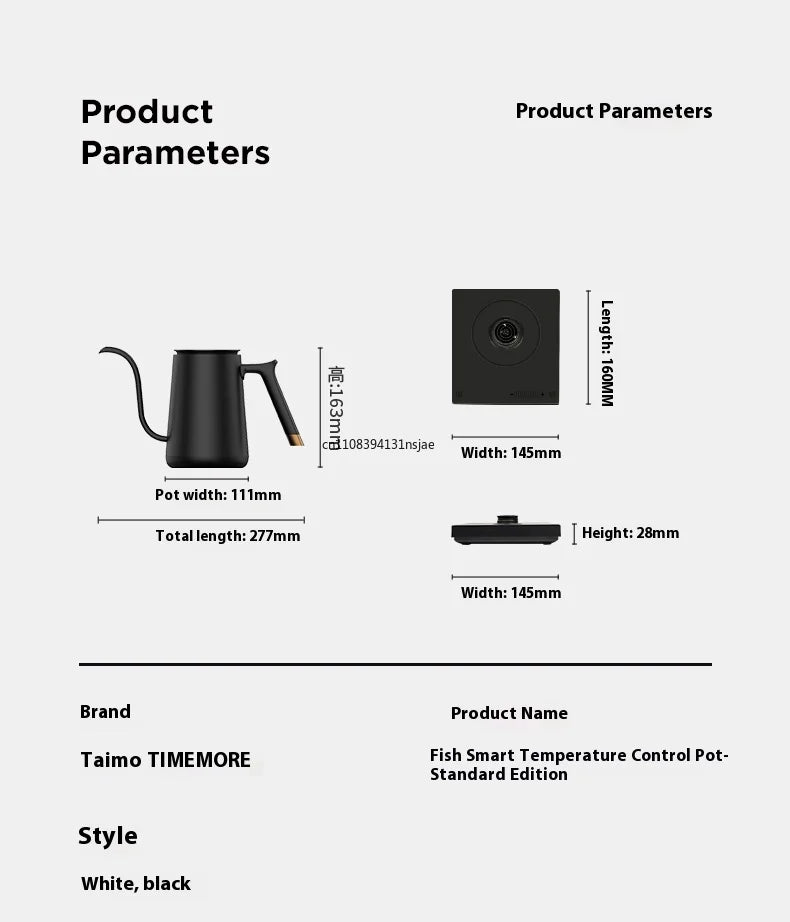Timemore Fish Smart temperature control gooseneck kettle, black matte finish with base dimensions and specifications.