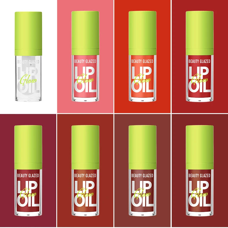8-color Beauty Glazed moisturizing lip oil set with pearlescent, lustrous mirror-finish nude and bold stains.