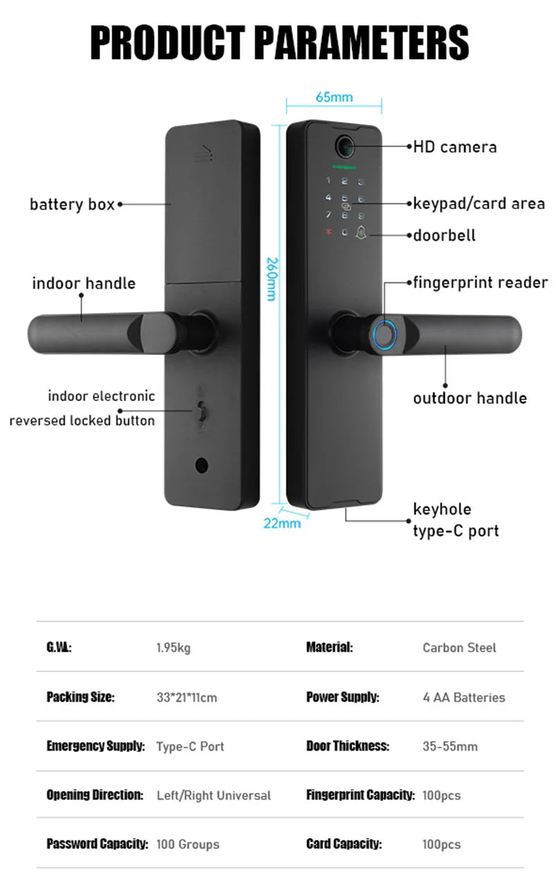 WAFU Tuya Smart Life WIFI Remotely Unlock Biometric Fingerprint Door Lock Visible Digital Electronic Card Door Lock with Camera