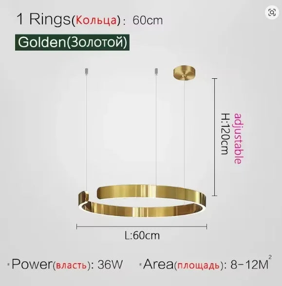 Modern LED Ring Ceiling Chandelier 60cm Black - Minimalist Decor Golden 60cm Tidesmit