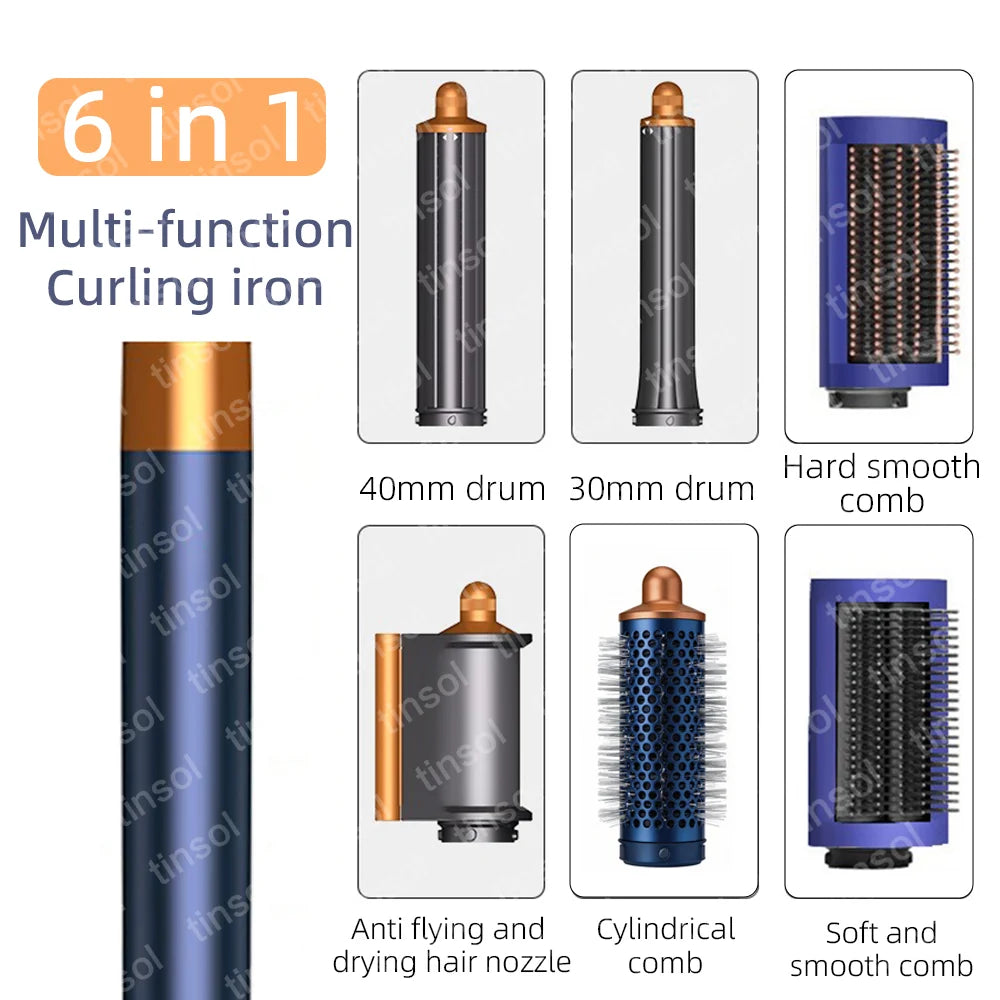 Blue and copper 6-in-1 hair dryer and curling iron set with styling attachments for professional quick-drying results.
