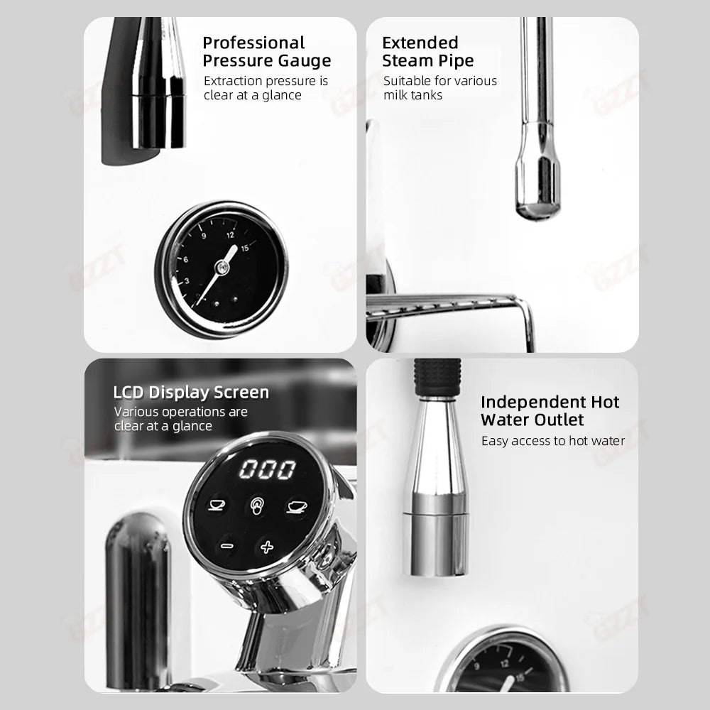 GZZT espresso machine features: chrome steam pipe, pressure gauge, LCD display, and independent hot water outlet.