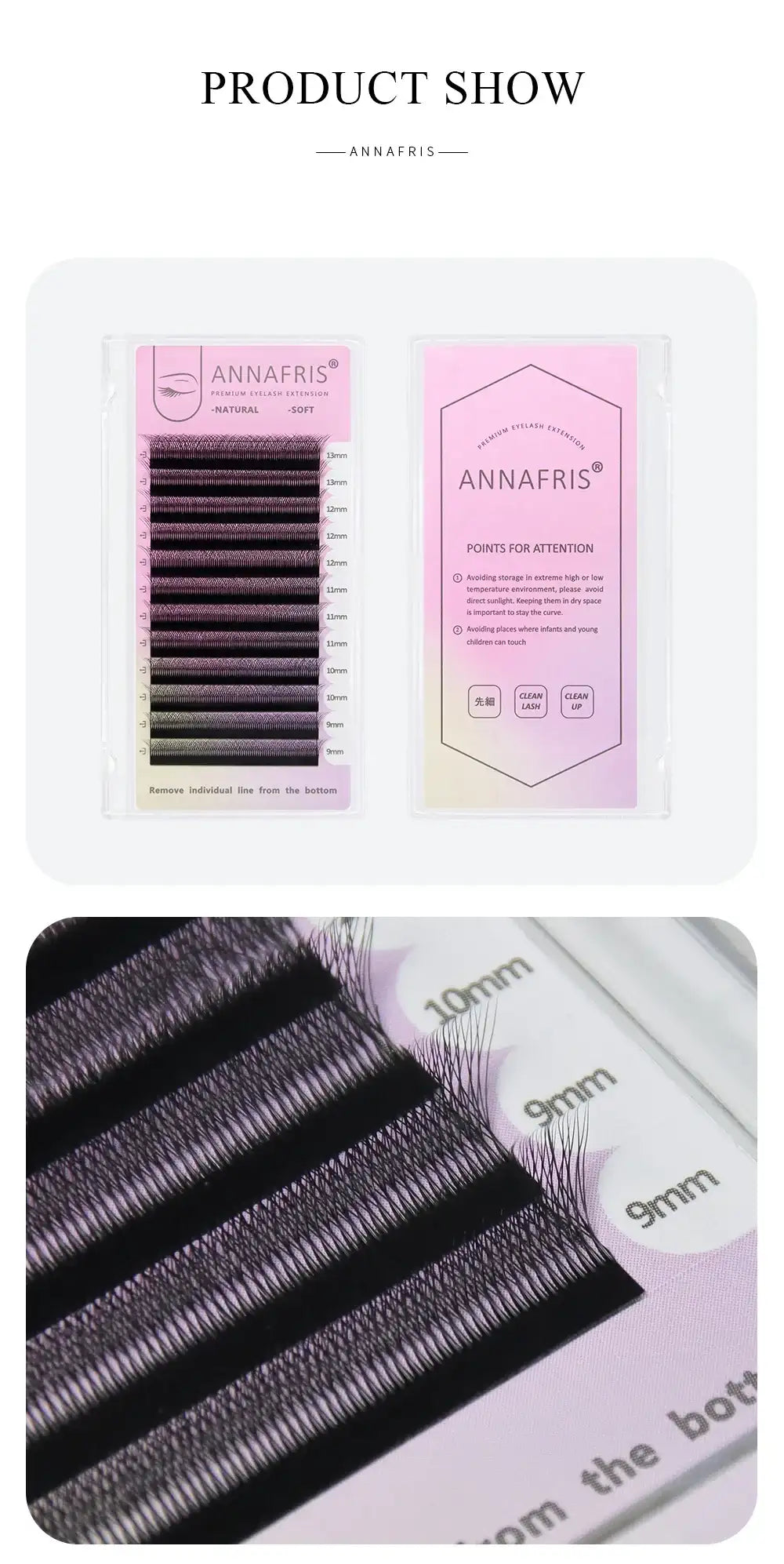 Black individual eyelash extensions on adhesive strips, labeled by lengths from 9mm to 13mm in a clear plastic tray.