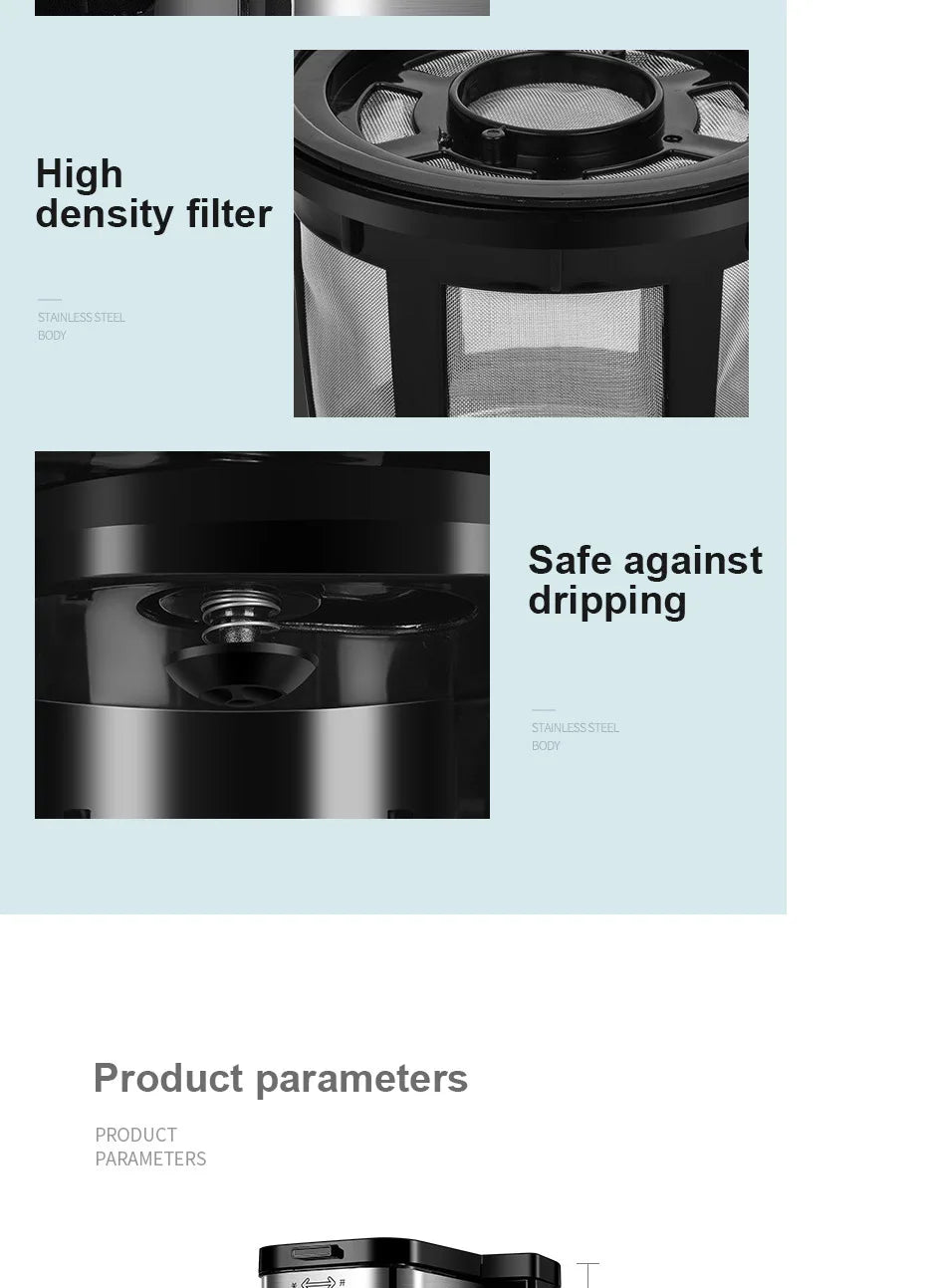 Coffee maker features including high-density filter, anti-drip nozzle, and durable stainless steel body construction.