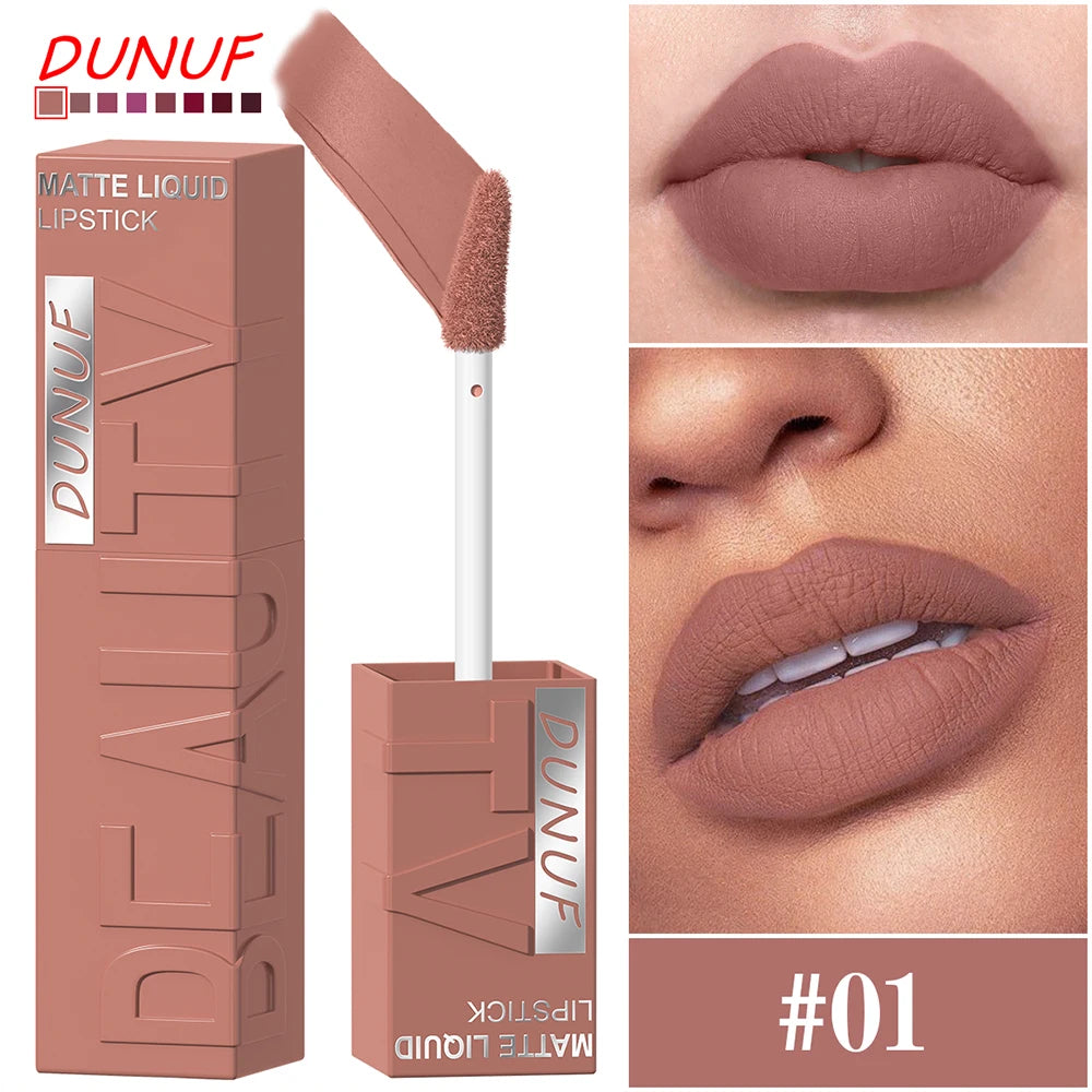 DUNUF matte liquid lipstick set, long-lasting waterproof nude shade with smooth velvet finish on lips.