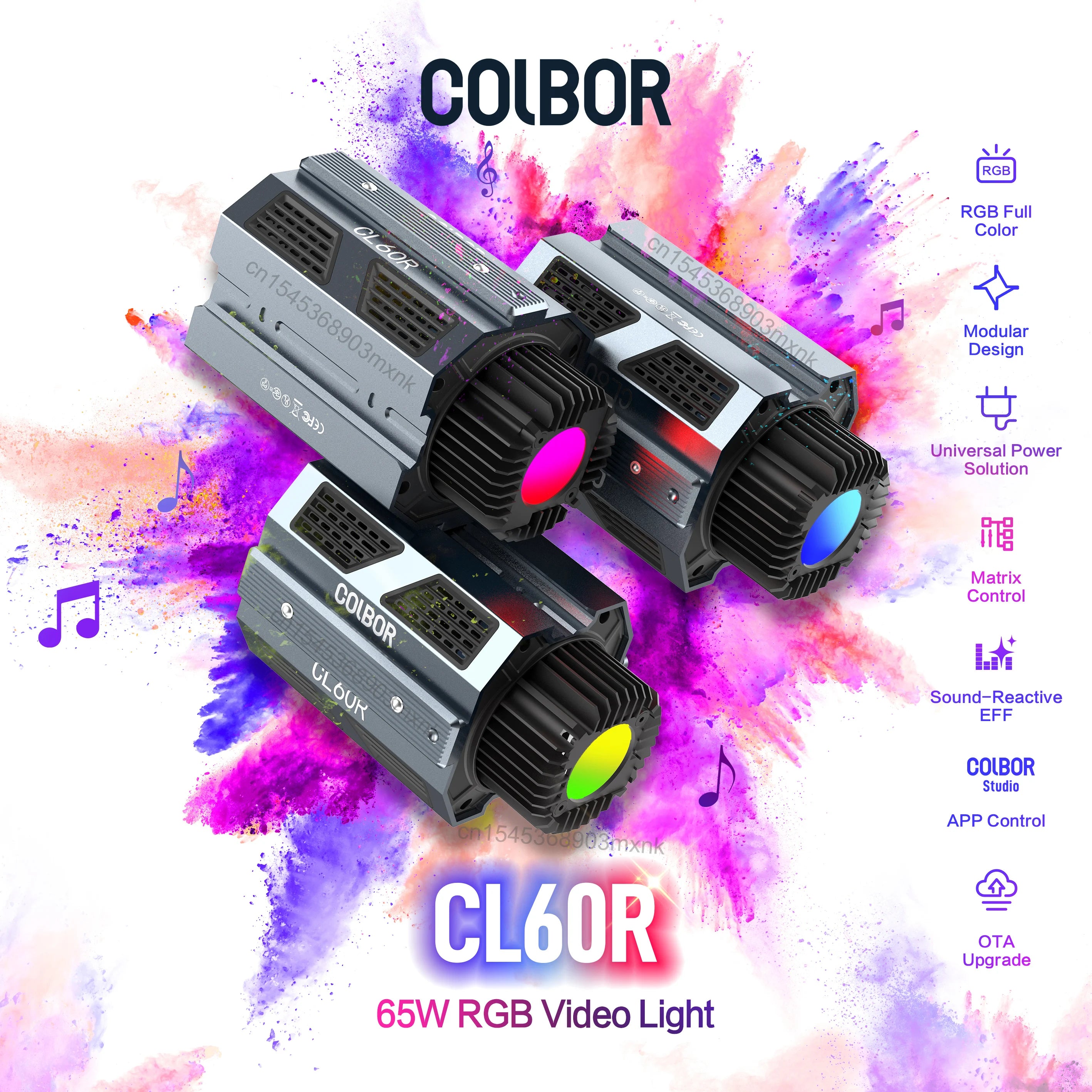 Three compact, grey metal CL60R 65W RGB video lights with black cooling fins, set against a colorful powder burst.