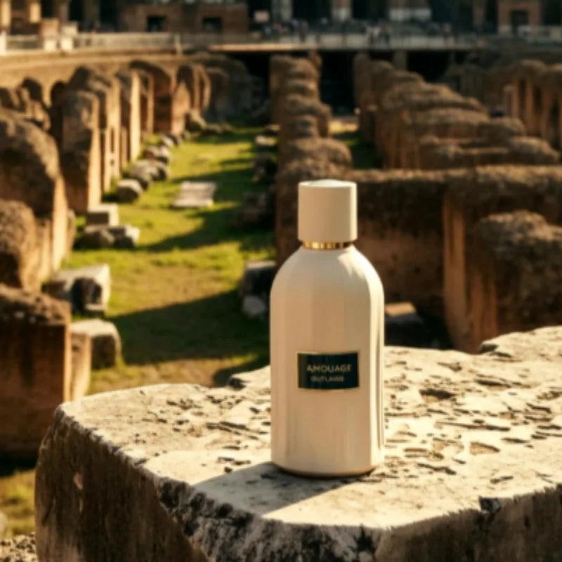 Amouage Lustre 100ml unisex woody oriental EDP. Elegant white cylindrical bottle, long-lasting refined luxury perfume.