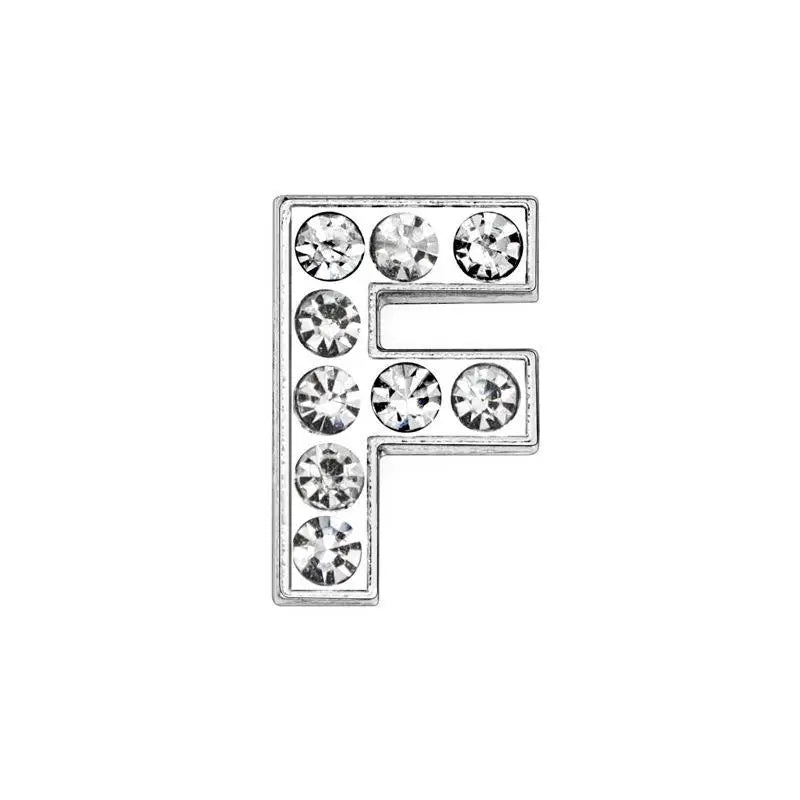 Silver rhinestone letter F charm for 8mm pet collar. DIY slide alphabet initial for personalized dog collars.