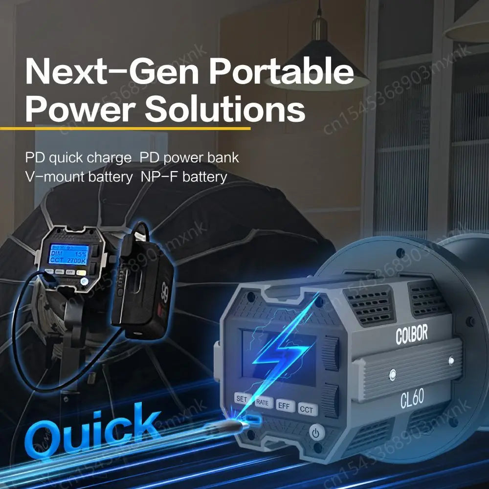 Compact gray LED studio light powered by external V-mount and NP-F batteries for field photography.