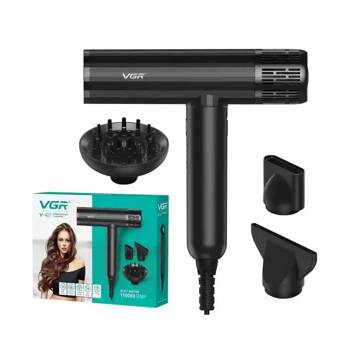 Black VGR V-427 professional hair dryer with brushless motor, negative ions, and 3 styling attachments for salons.