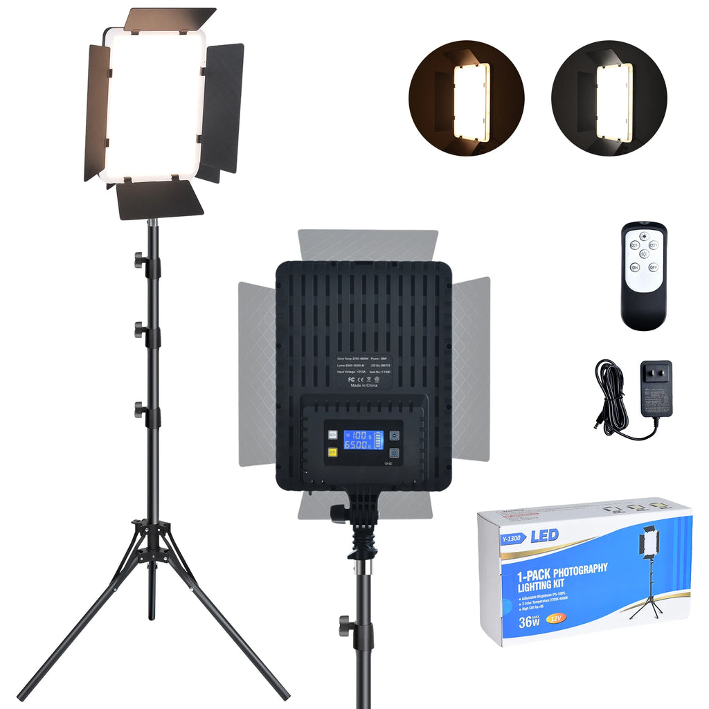 LED photography lighting kit with rectangular panel, adjustable tripod stand, remote, and power adapter.