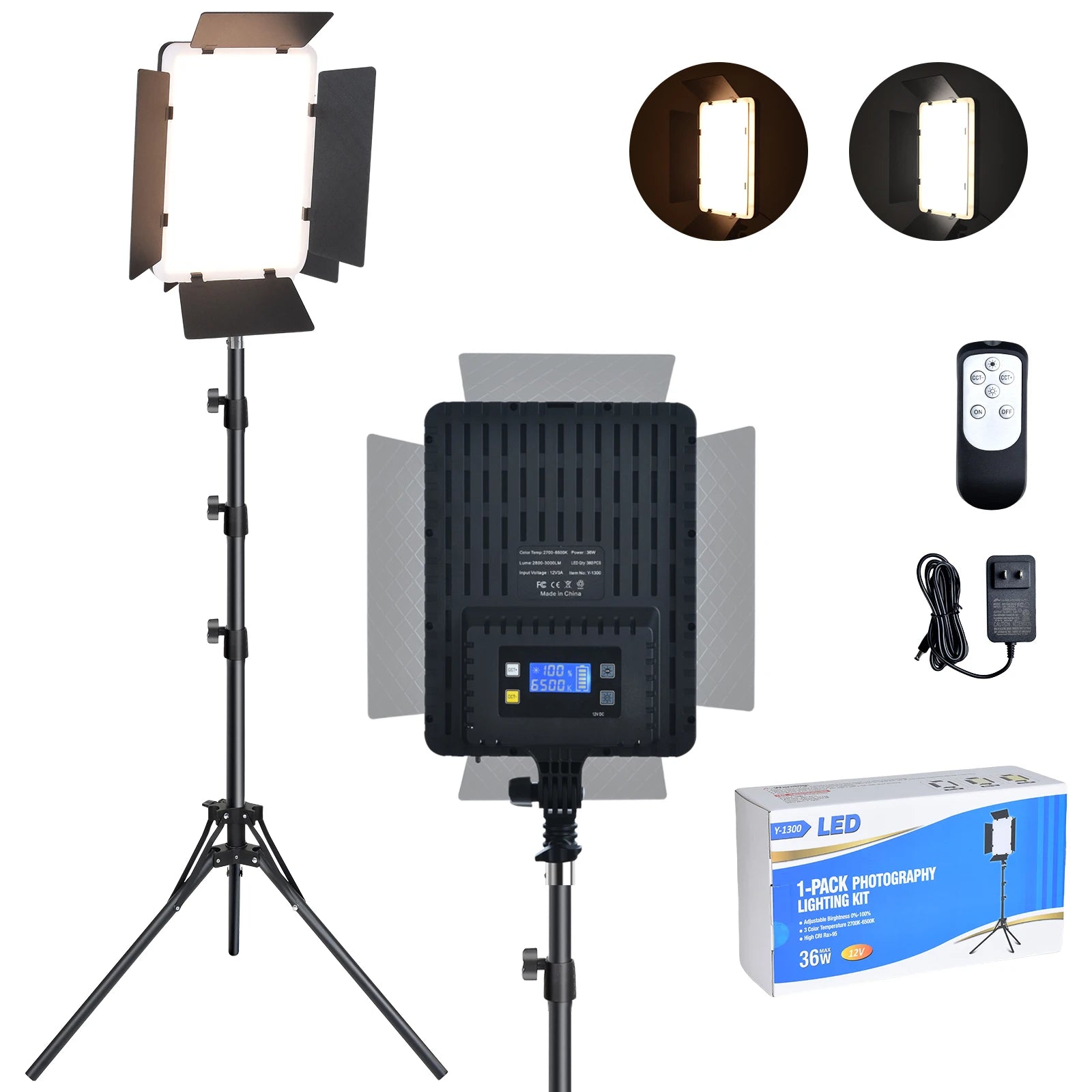 LED photography lighting kit with rectangular panel, adjustable tripod stand, remote, and power adapter.