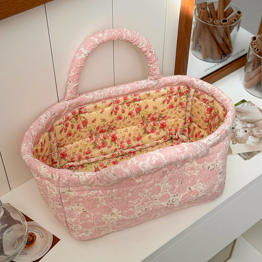 Airfriend Cute Pink Flower Organizers Basket With Handle Home Room Quilted Foldable Storage Basket For Pet Toys Organizer Basket