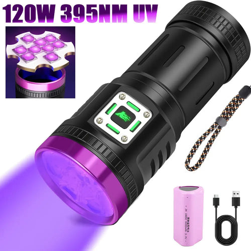 Black rechargeable UV flashlight with green indicator and purple glowing front lens