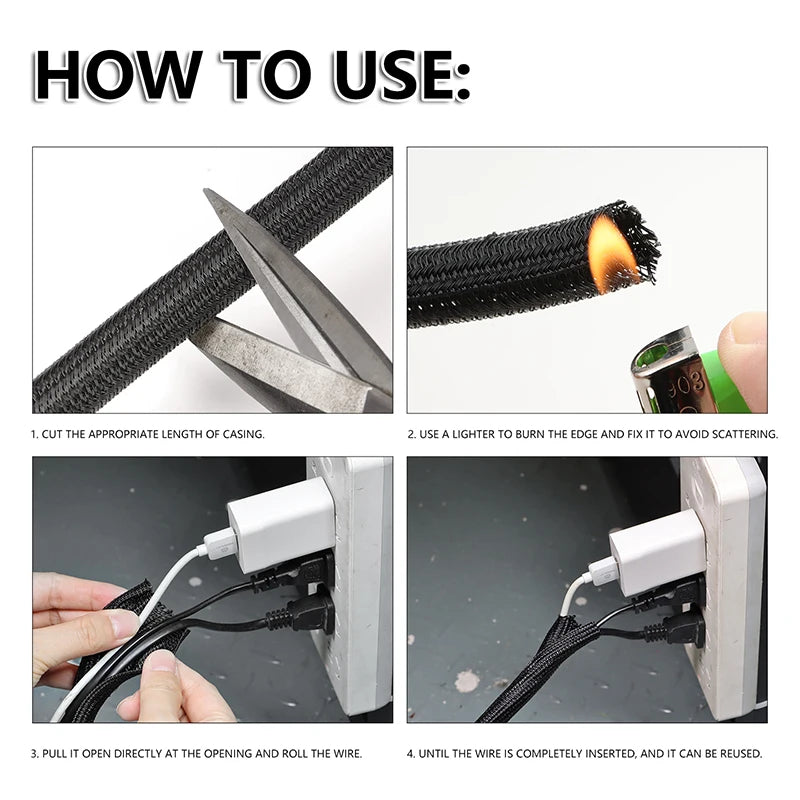 Black heat-resistant PET cable sleeve to protect wires from pet chewing and organize cords. Self-closing, flexible wrap.
