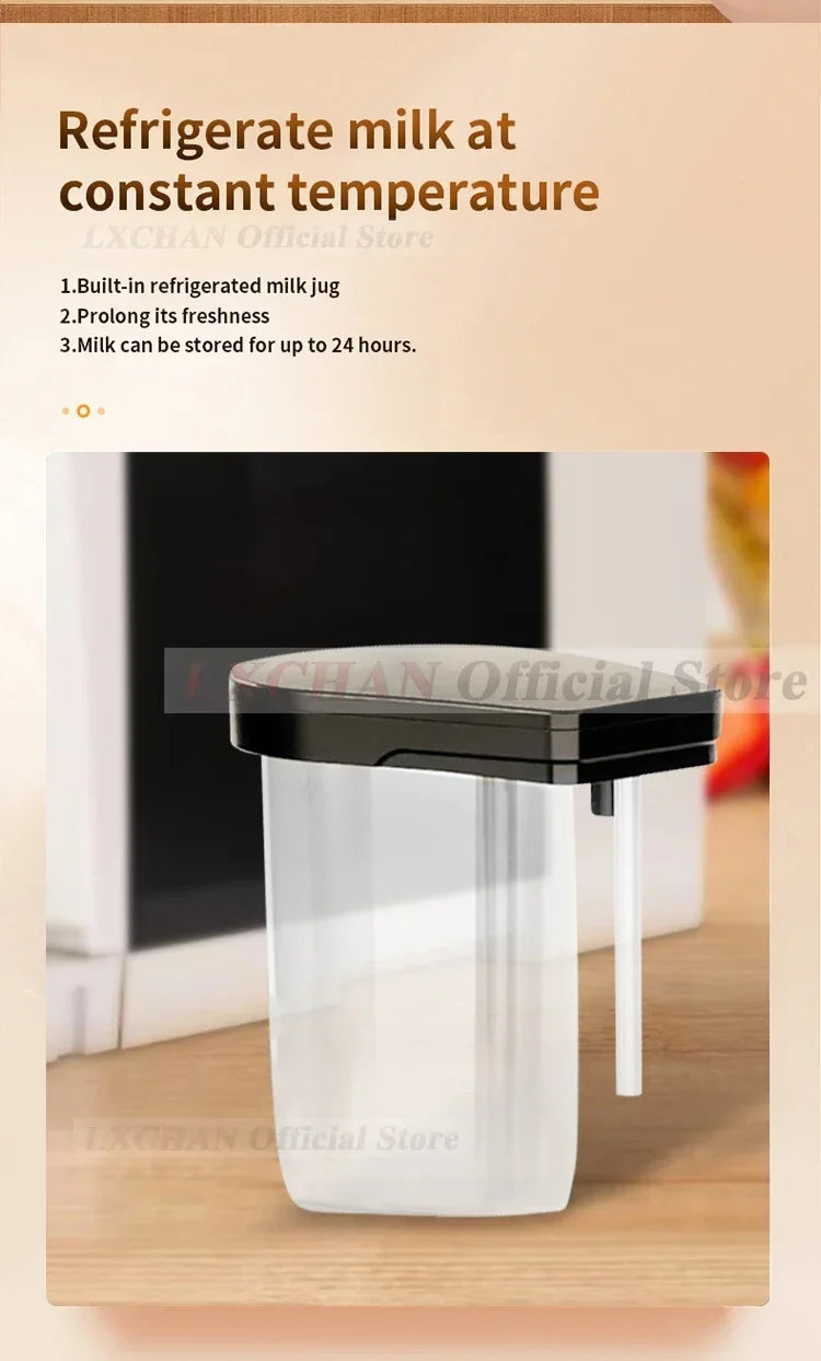 LXCHAN clear plastic refrigerated milk jug with black lid for coffee maker, keeps milk fresh for 24 hours.