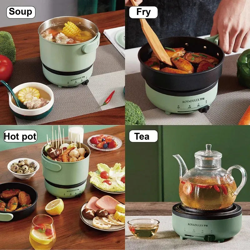 Green multi-cooker with three cooking accessories and lid, shown for soup and fry