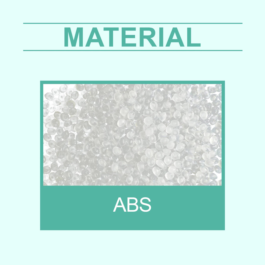 Product material label featuring a close-up texture of clear white ABS plastic beads or pellets.