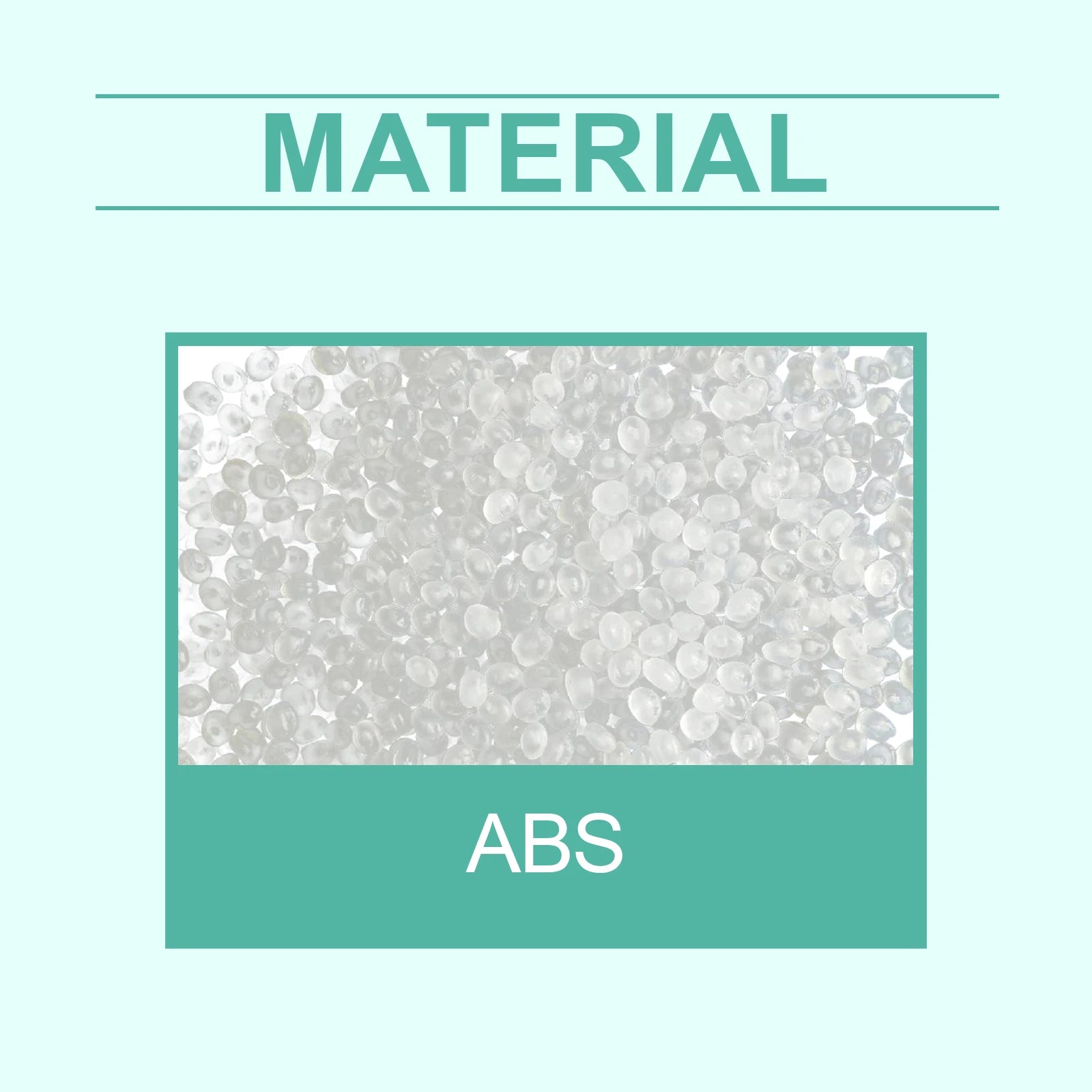 Product material label featuring a close-up texture of clear white ABS plastic beads or pellets.