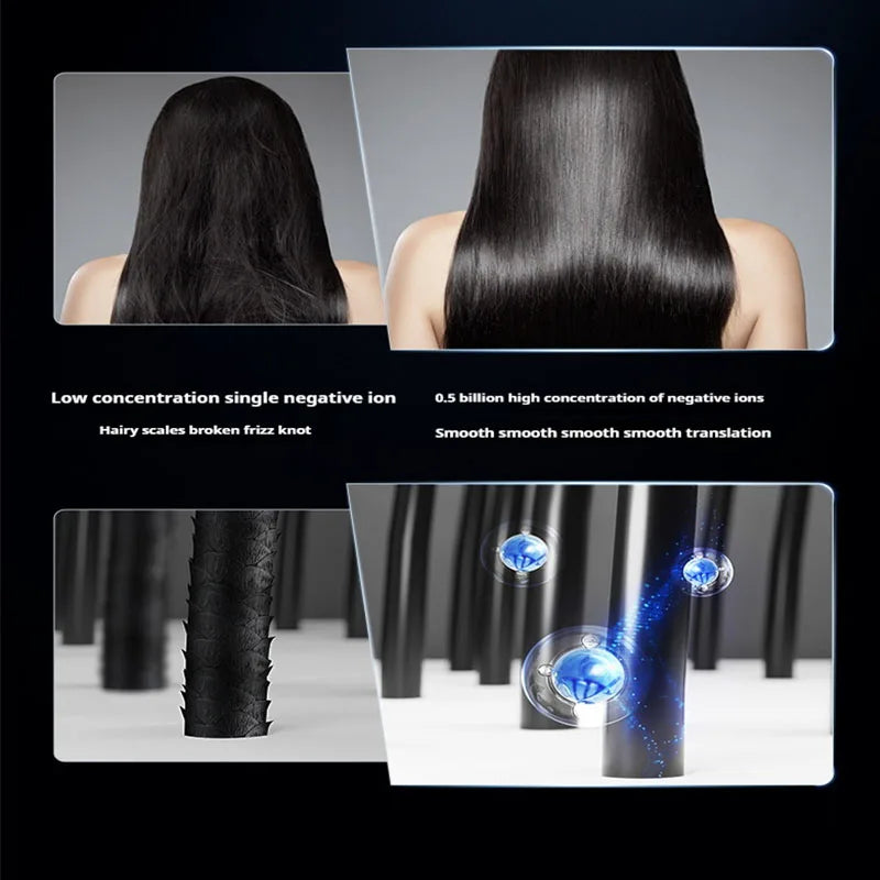 High-speed negative ion hair dryer comparison: showing reduced frizz and smoother hair follicles for salon-quality shine.