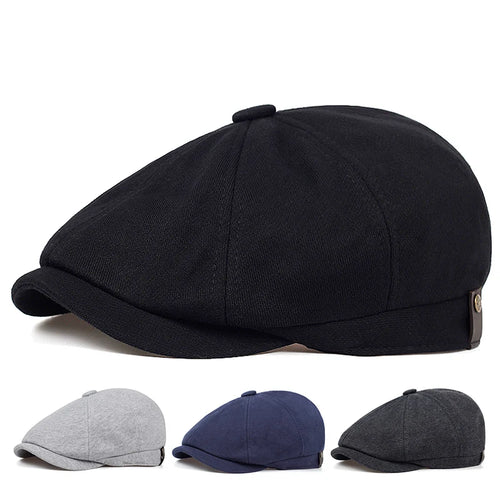 Tidesmit cotton ivy caps in black, grey, navy, and charcoal, featuring a classic flat peak and button detail.