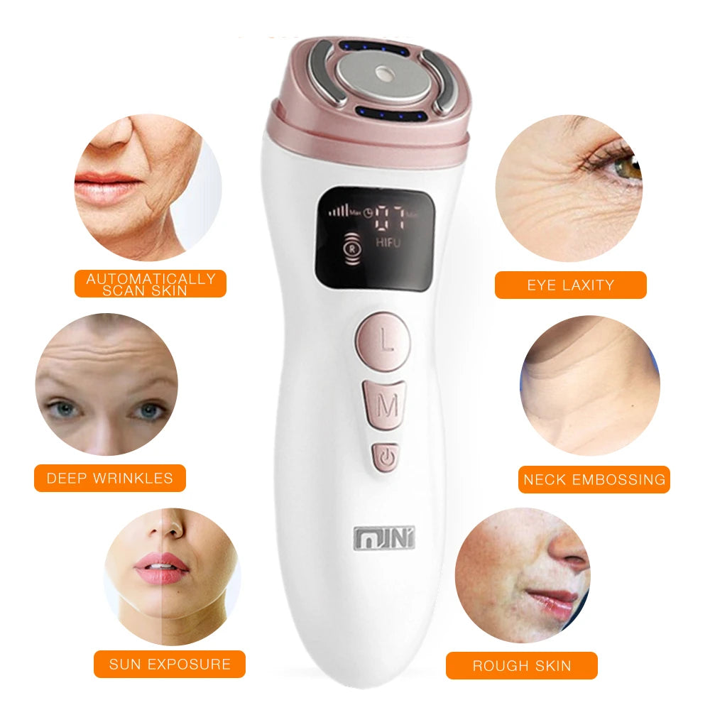 Handheld white and rose gold HIFU facial device for skin tightening and wrinkle reduction, shown with treatment areas.