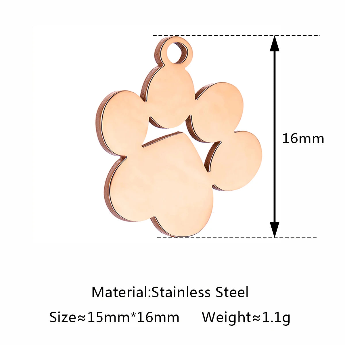 Rose gold stainless steel dog paw print charm, 16mm DIY pendant for pet-themed necklaces and jewelry making.