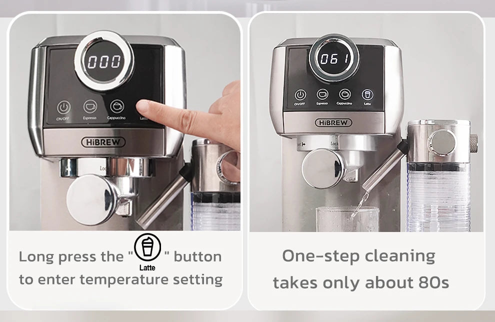 HiBREW stainless steel espresso machine with digital display, milk frother, and one-touch cleaning function.