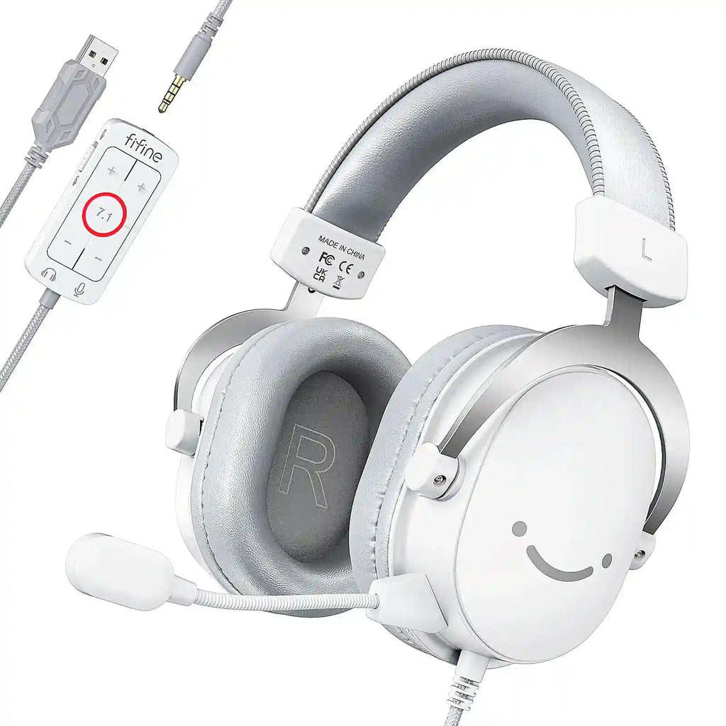 USB Gaming Headset 7.1 Surround Sound Wired Over-Ear PC PS5 White Tidesmit