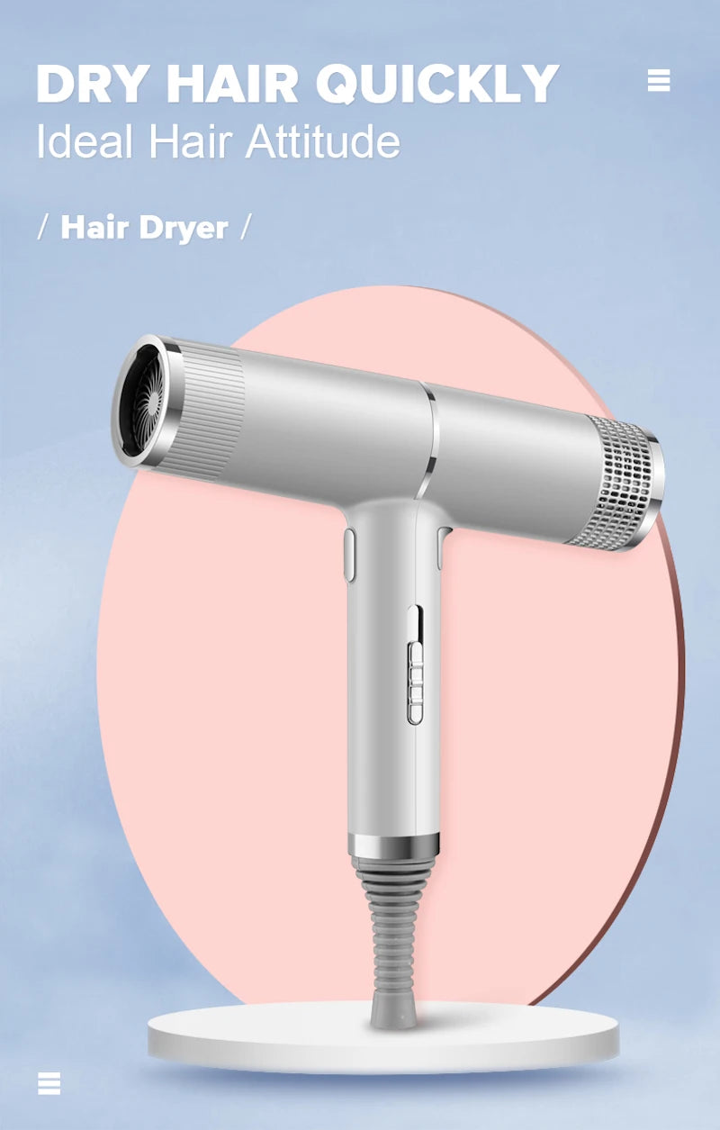 Sleek silver leafless hair dryer with intelligent temperature control, negative ion tech, and quick-dry design.