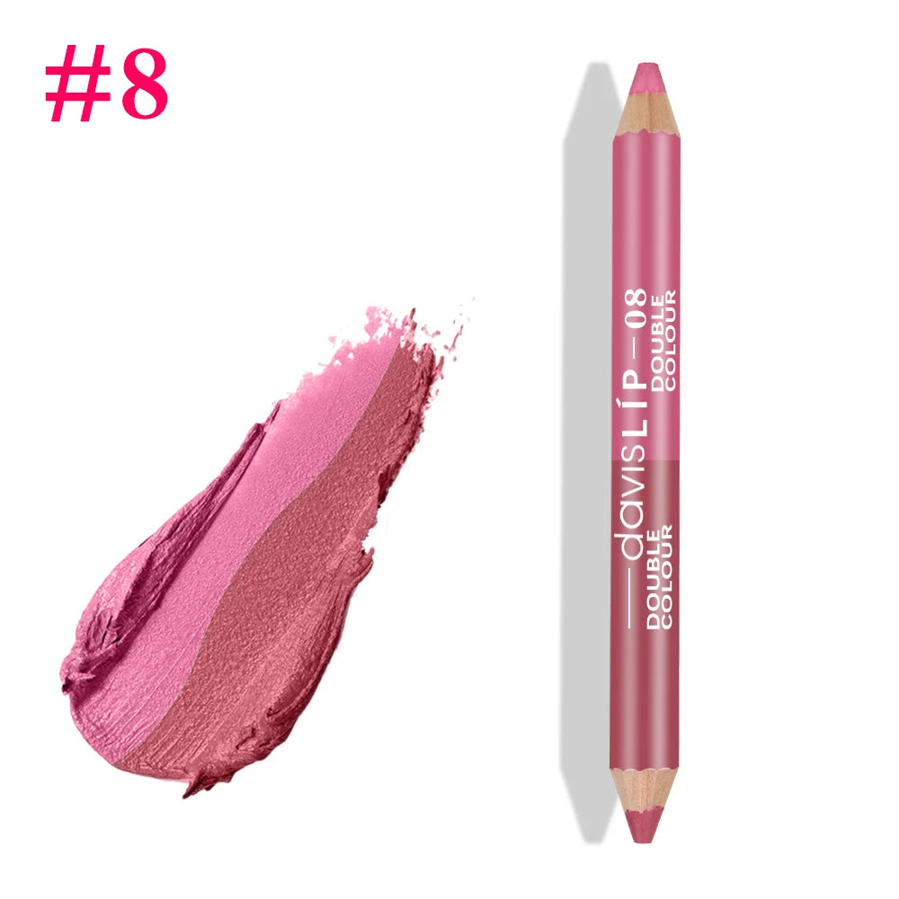 Waterproof double-ended lip liner pencil in shade #8 featuring two creamy pink and berry lipstick swatches.