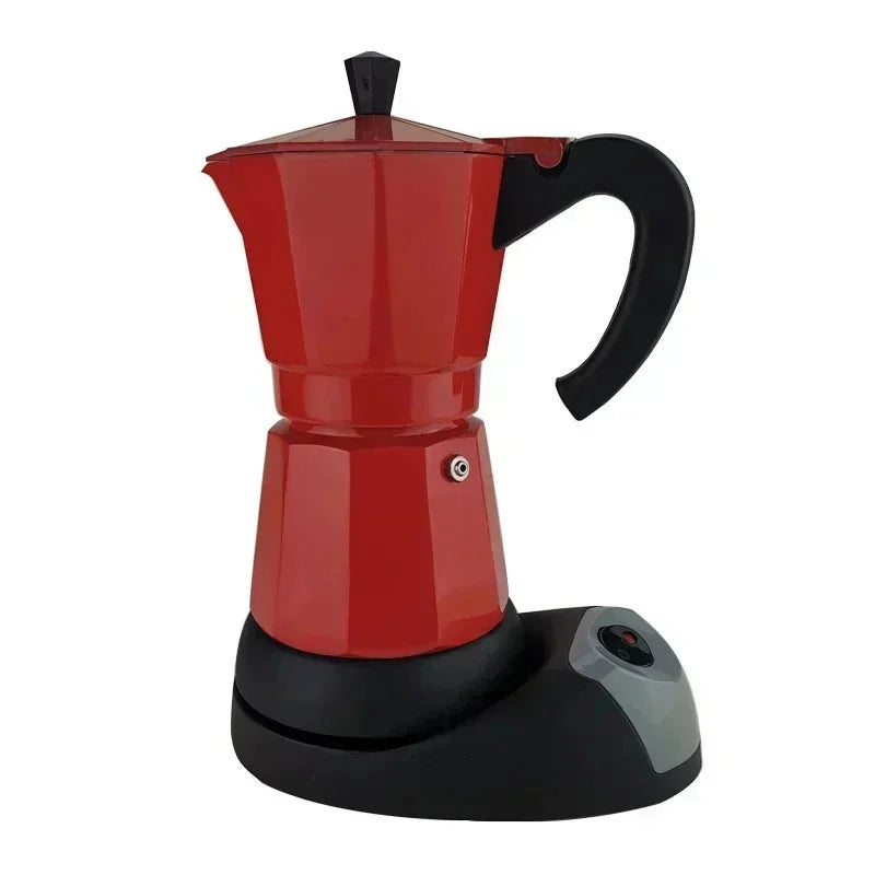 Electric red aluminum moka pot coffee maker on a black base with power switch, isolated on a white background.