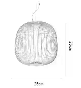 White wire cage pendant light, spherical, 25cm diameter and height, for hanging interior ceiling illumination.