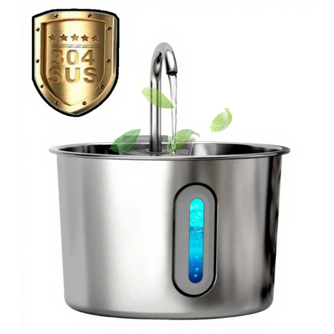 2.2L stainless steel cat water fountain with filter system and LED water level window for fresh pet drinking.