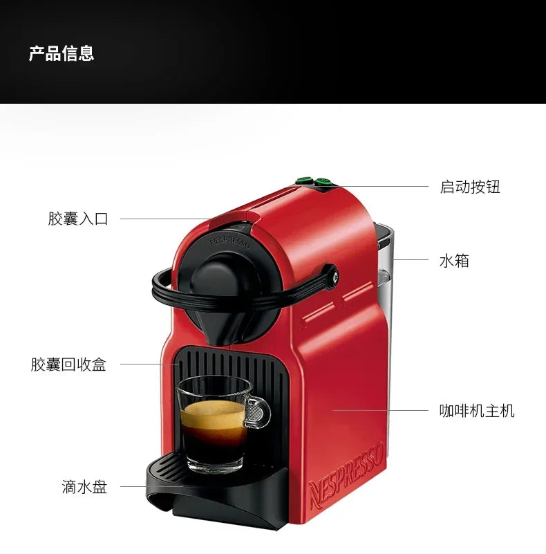 Red Nespresso capsule coffee machine with glass cup, water tank, drip tray, and labeled product feature diagram.