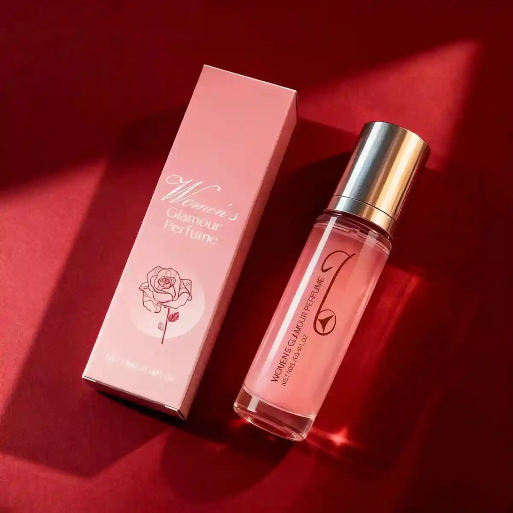 Women's Glamour Rose perfume rollerball, 10ml travel spray. Light, fresh floral scent in a slim, elegant glass bottle.