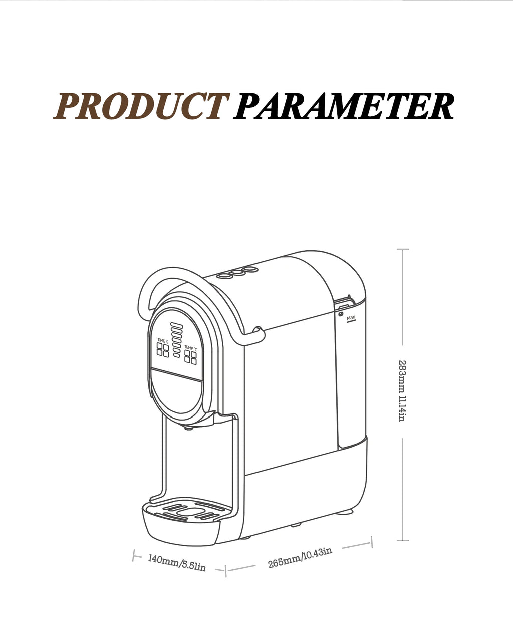 Line drawing of a compact capsule coffee machine with digital display and dimensions labeled 283mm x 265mm x 140mm.