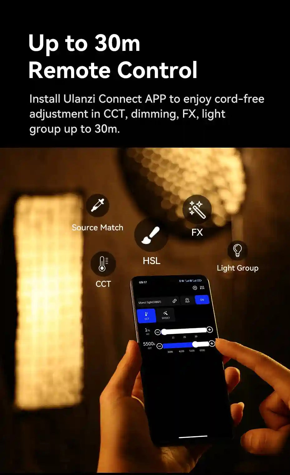 Smartphone app remote control interface for adjusting LED light color temperature, dimming, and special effects.