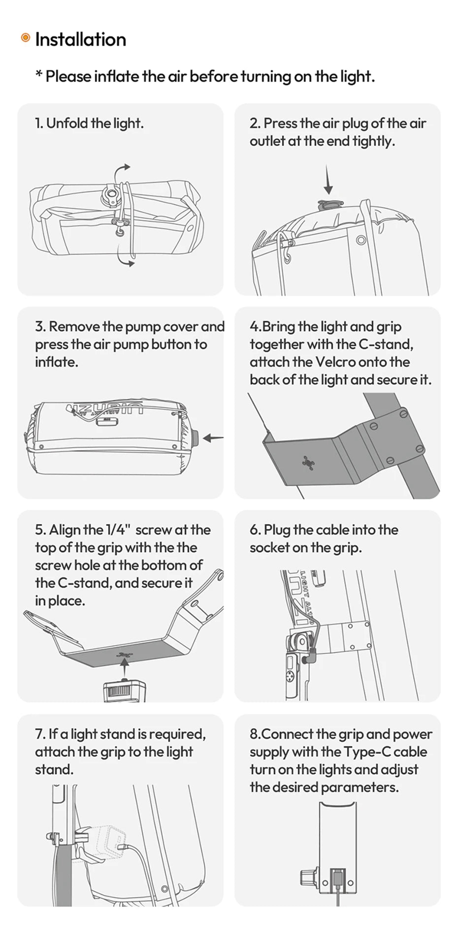 Inflatable LED light installation guide showing steps to inflate, attach to a C-stand grip, and connect power.