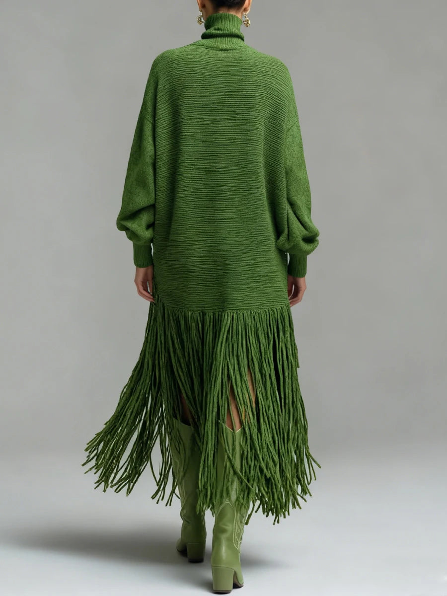 Spring Sexy Turtleneck Tassel Knitted Dress Woman Casual Solid Ribbed Loose Maxi Dress Autumn Long Sleeve Pocket Party Dress