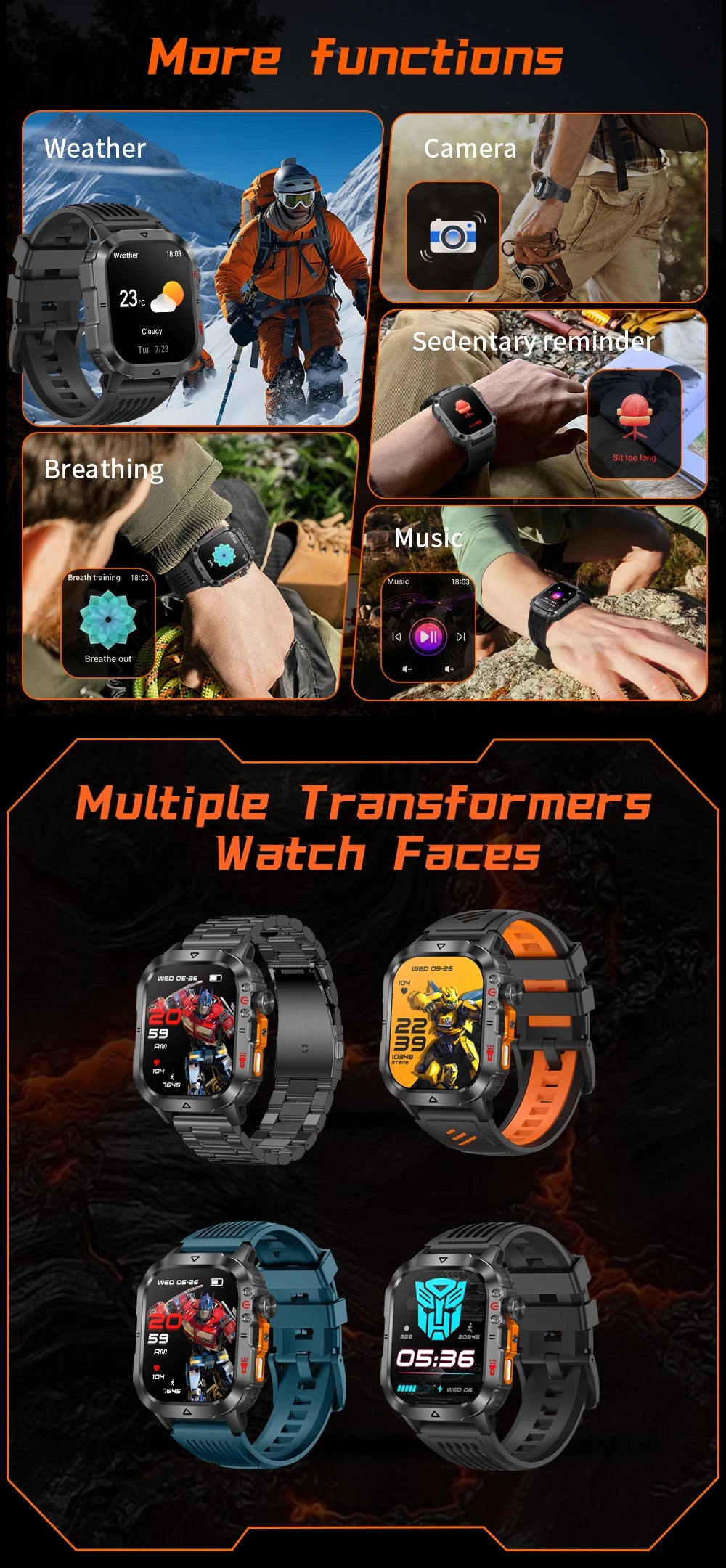 Official Transformers Men Military Smartwatch 1000mAh Big Battery 2.01" HD AMOLED Display Bluetooth Call Waterproof Smart Watch