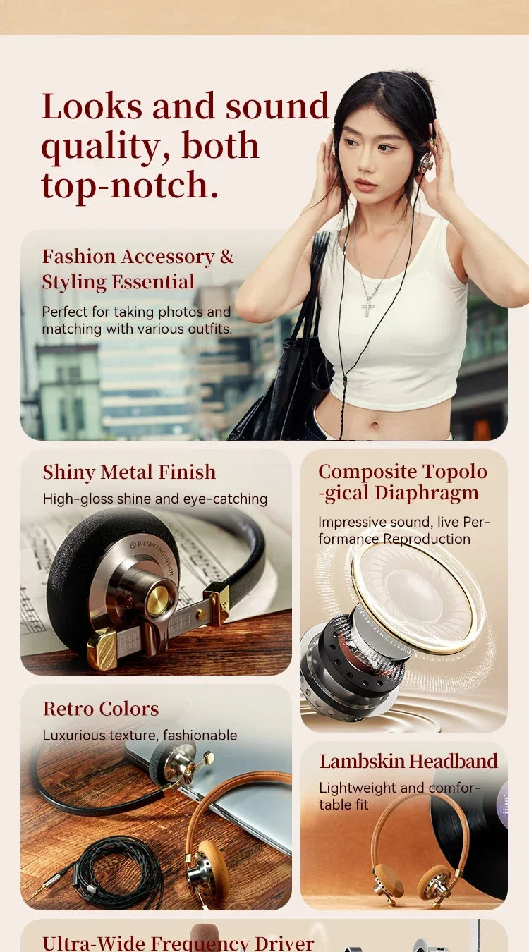 Vintage Over-Ear Wired Headphones with HiFi Metal Frame Tidesmit
