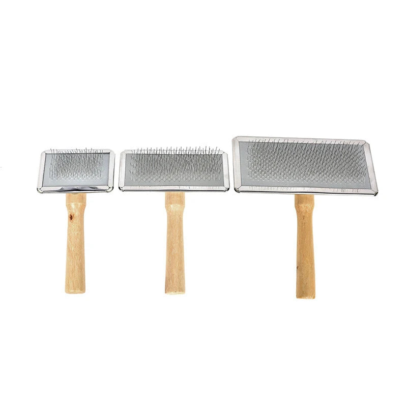 Set of 3 pet hair remover slicker brushes with wooden handles for dog and cat grooming and removing lint from clothes.